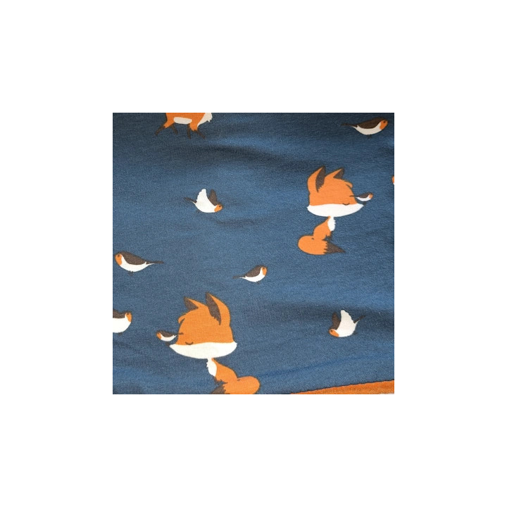 Primer plano del estampado del cuello Zorritos: zorritos y pajaritos sobre fondo azul.