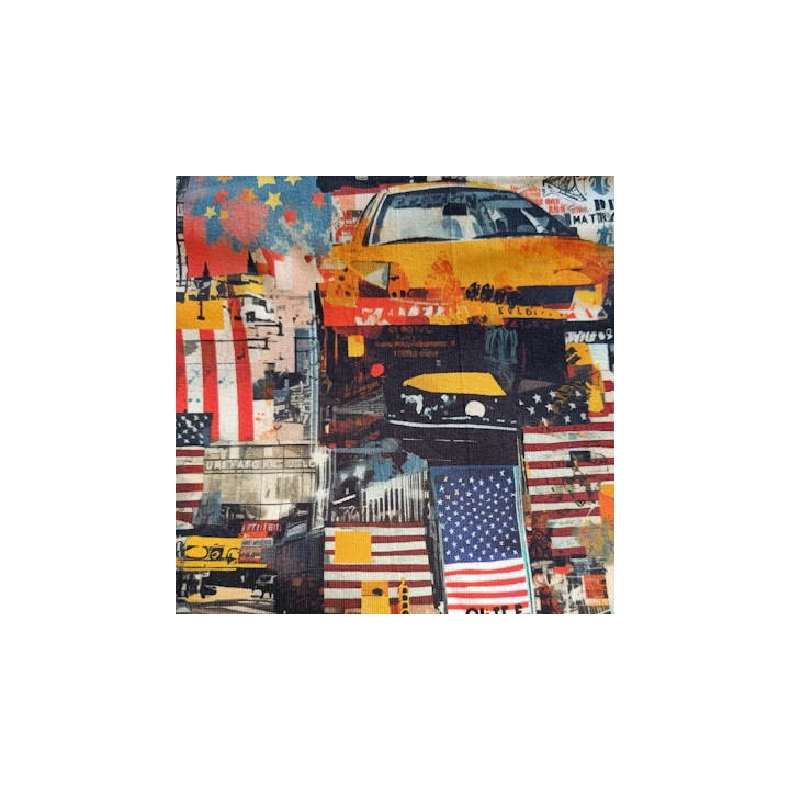 Primer plano del estampado USA con escenas urbanas y bandera americana.