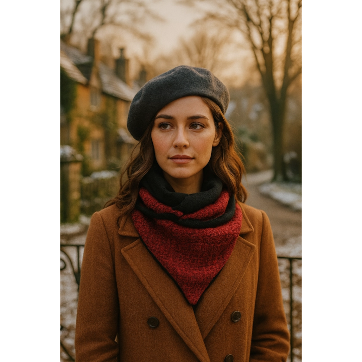 Bufanda triangular reversible en tejido tweed rojo estilo Chanel. Elegante, cálida y con textura. Hecha a mano. Ideal para looks