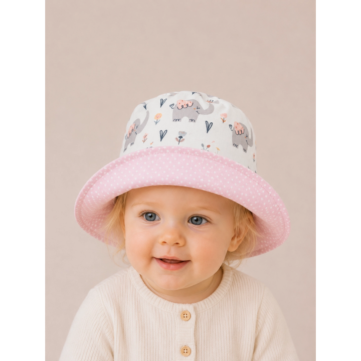Gorrito de pescador reversible estampado Cuqui Elefantes hecho a mano en algodón – By.Cuqui