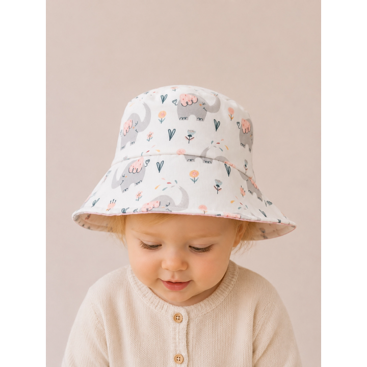 Reverso del gorrito de pescador Cuqui Elefantes con tela combinada – By.Cuqui