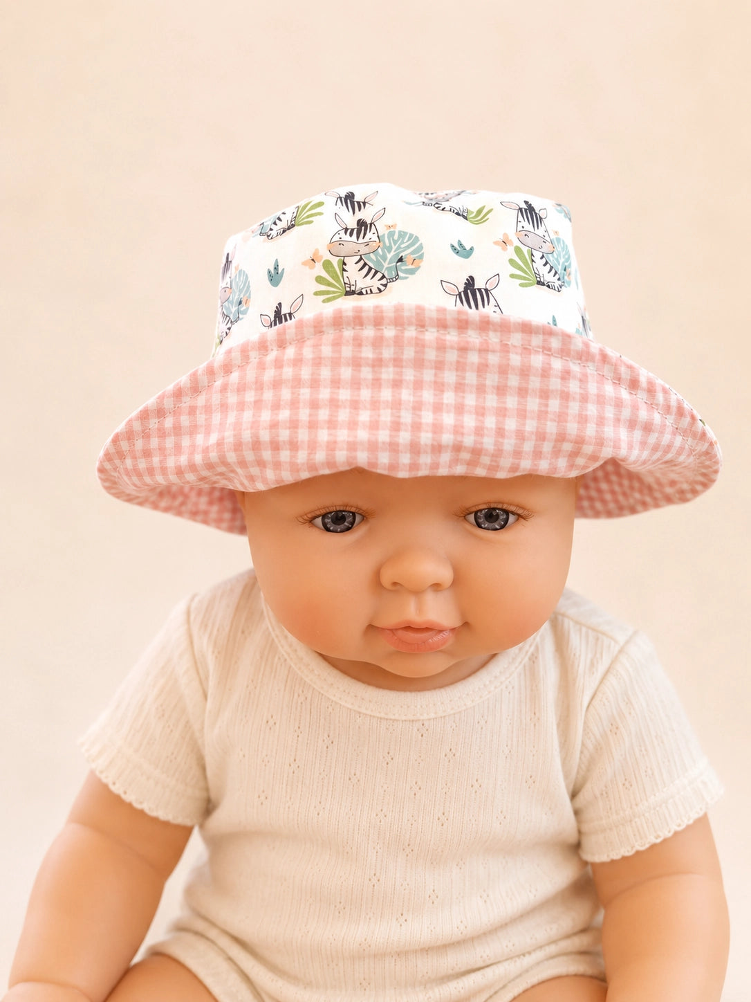 Gorrito de pescador reversible Cebritas para bebé hecho a mano en algodón [Variant: Vichy rosa 2.7mm]