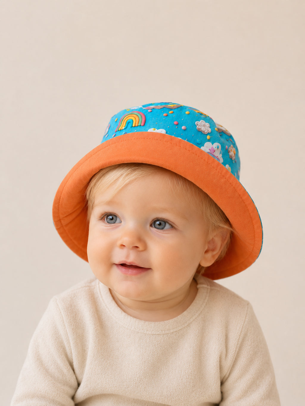 Gorrito de pescador reversible Cielo hecho a mano en algodón para bebé con reverso naranja [Variant: Naranja]