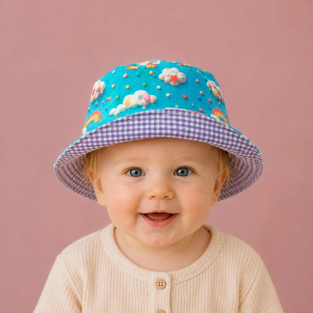 Gorrito de pescador reversible Cielo hecho a mano en algodón para bebé con reverso vichy lila [Variant: Vichy 2.7mm Lila]