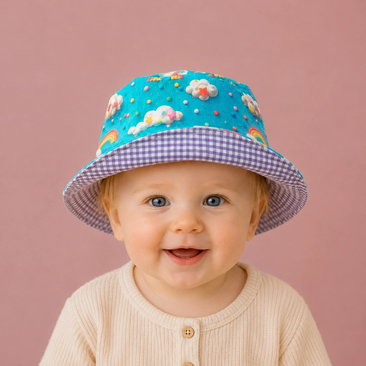 Gorrito de pescador reversible Cielo hecho a mano en algodón para bebé con reverso vichy lila [Variant: Vichy 2.7mm Lila]