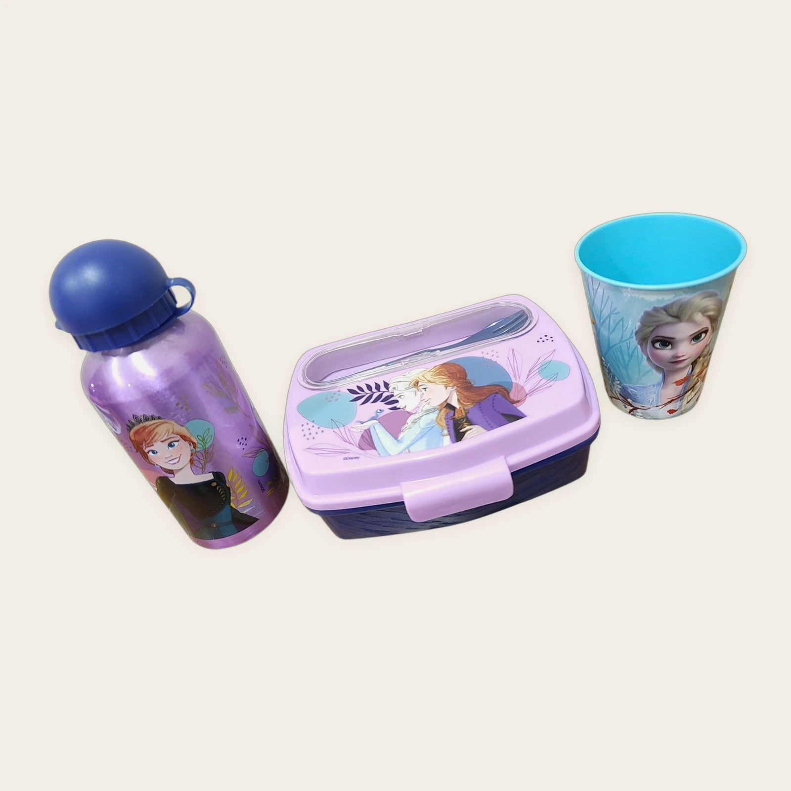 Pack Vuelta al Cole Frozen con vaso, sandwichera con cubiertos y botella de aluminio.