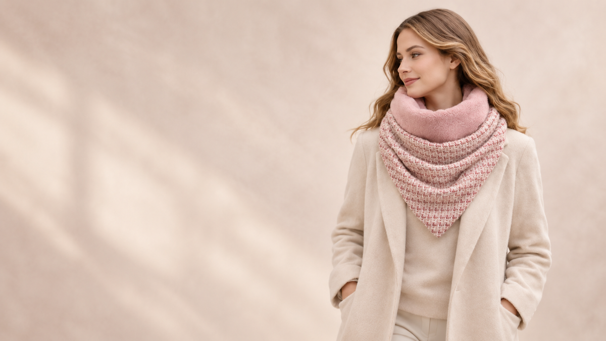 Mujer con bufanda triangular rosa de tweed by.Cuqui sobre fondo beige