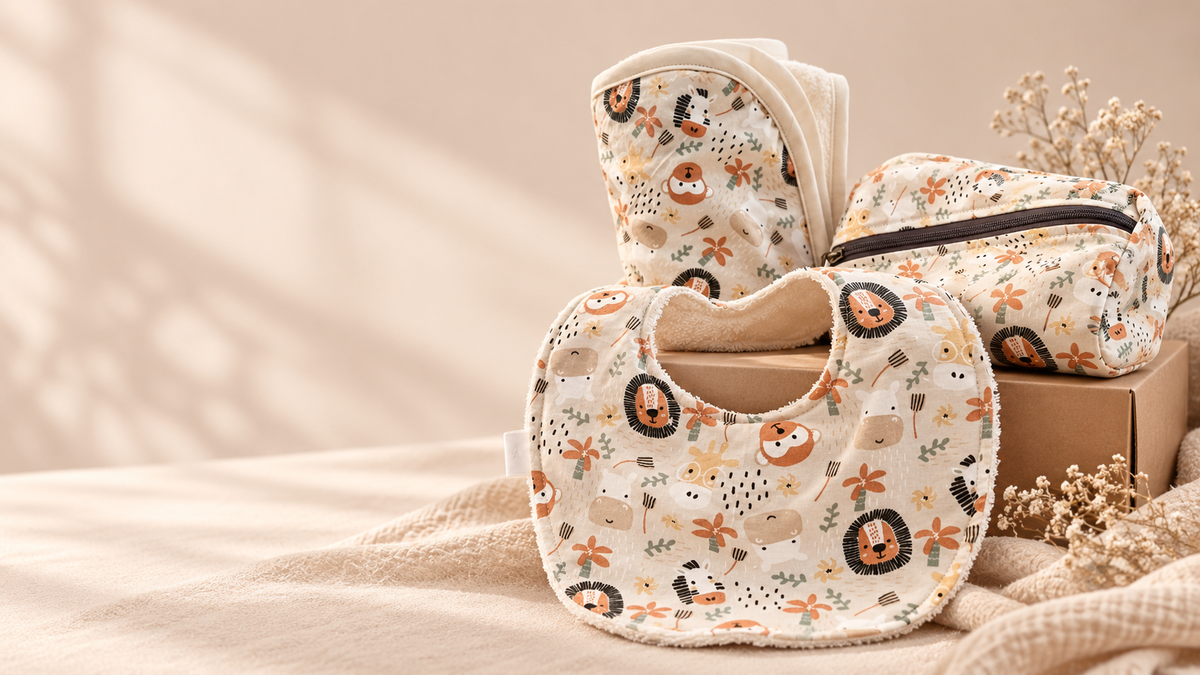Babero y accesorios de bebé artesanales by.Cuqui con estampado safari en tonos neutros