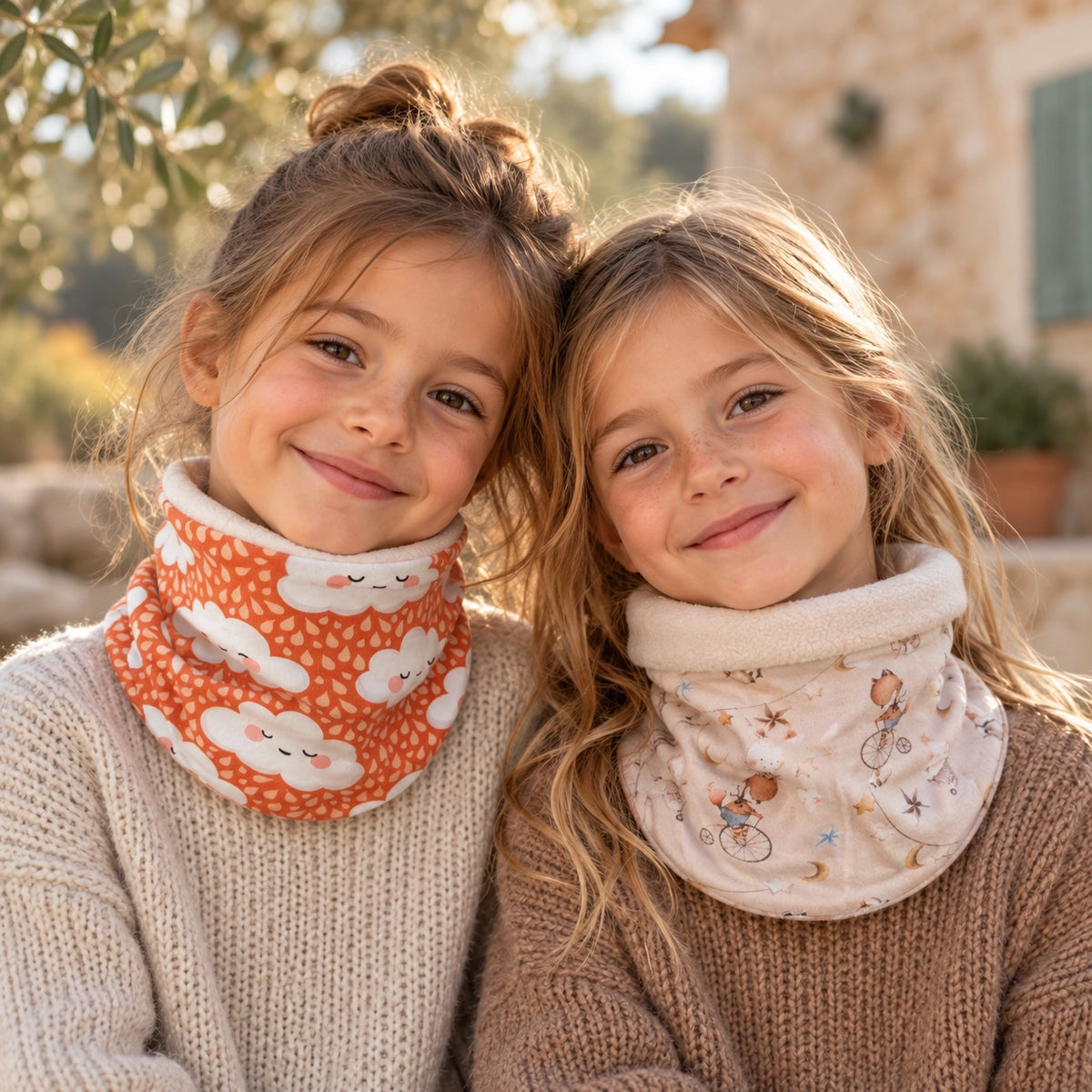 Dos niñas con buffs infantiles artesanales de estampados de nubes y animalitos, con interior de polar suave, de by.Cuqui.