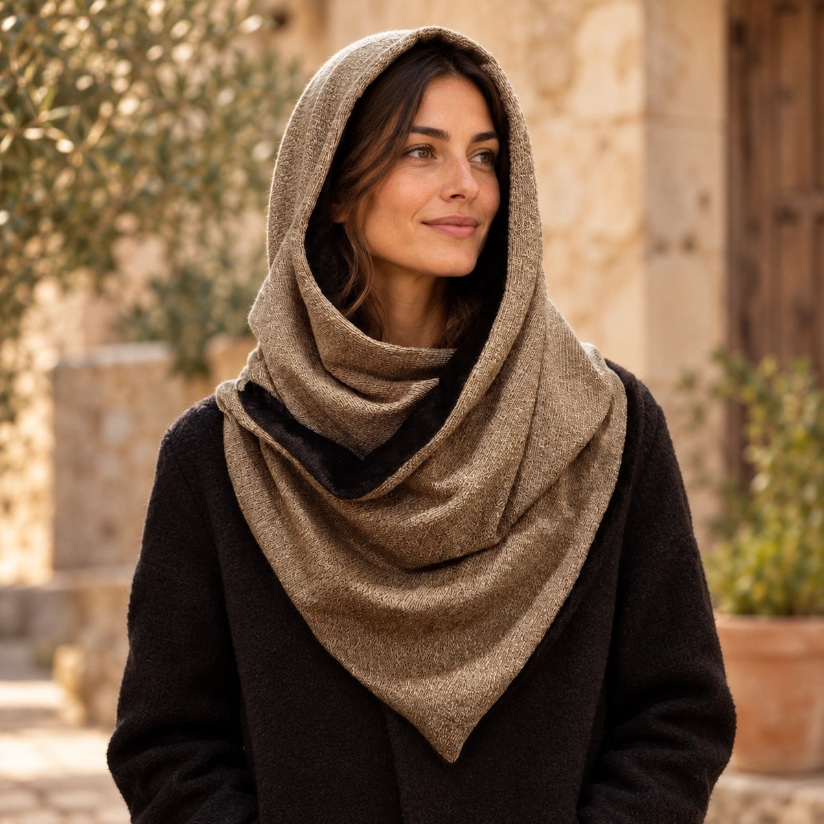 Mujer con bufanda con capucha tipo balaclava en tonos beige y negro, complemento de abrigo para invierno de by.Cuqui.