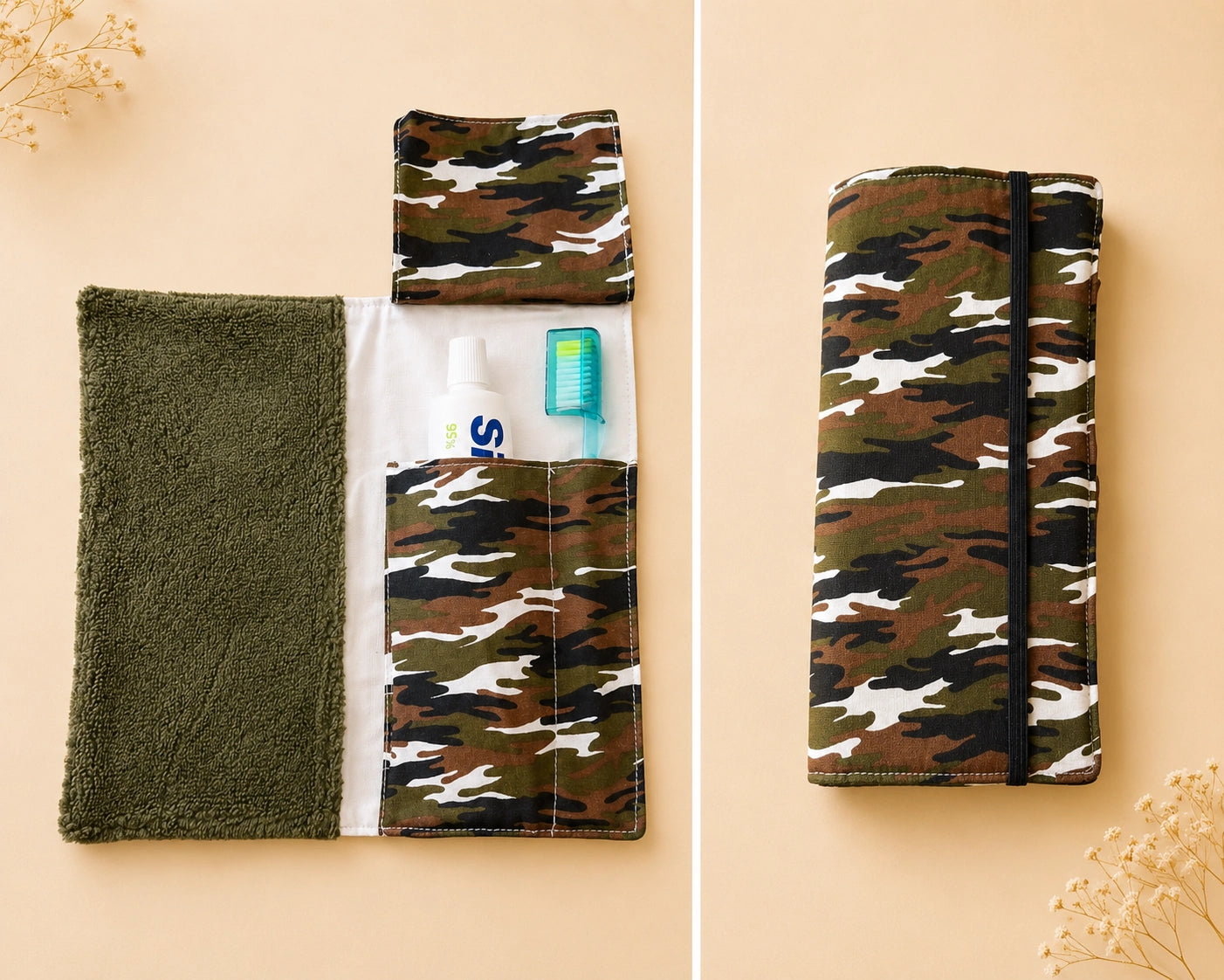Kit dental Camuflaje verde con rizo oliva, abierto y cerrado en vista frontal