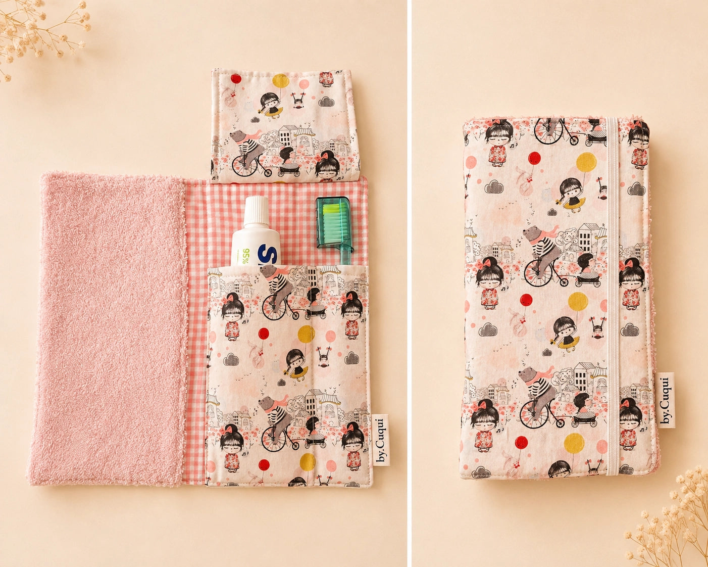 Kit dental Muñequitas japonesas con rizo rosa, abierto y cerrado en vista frontal
