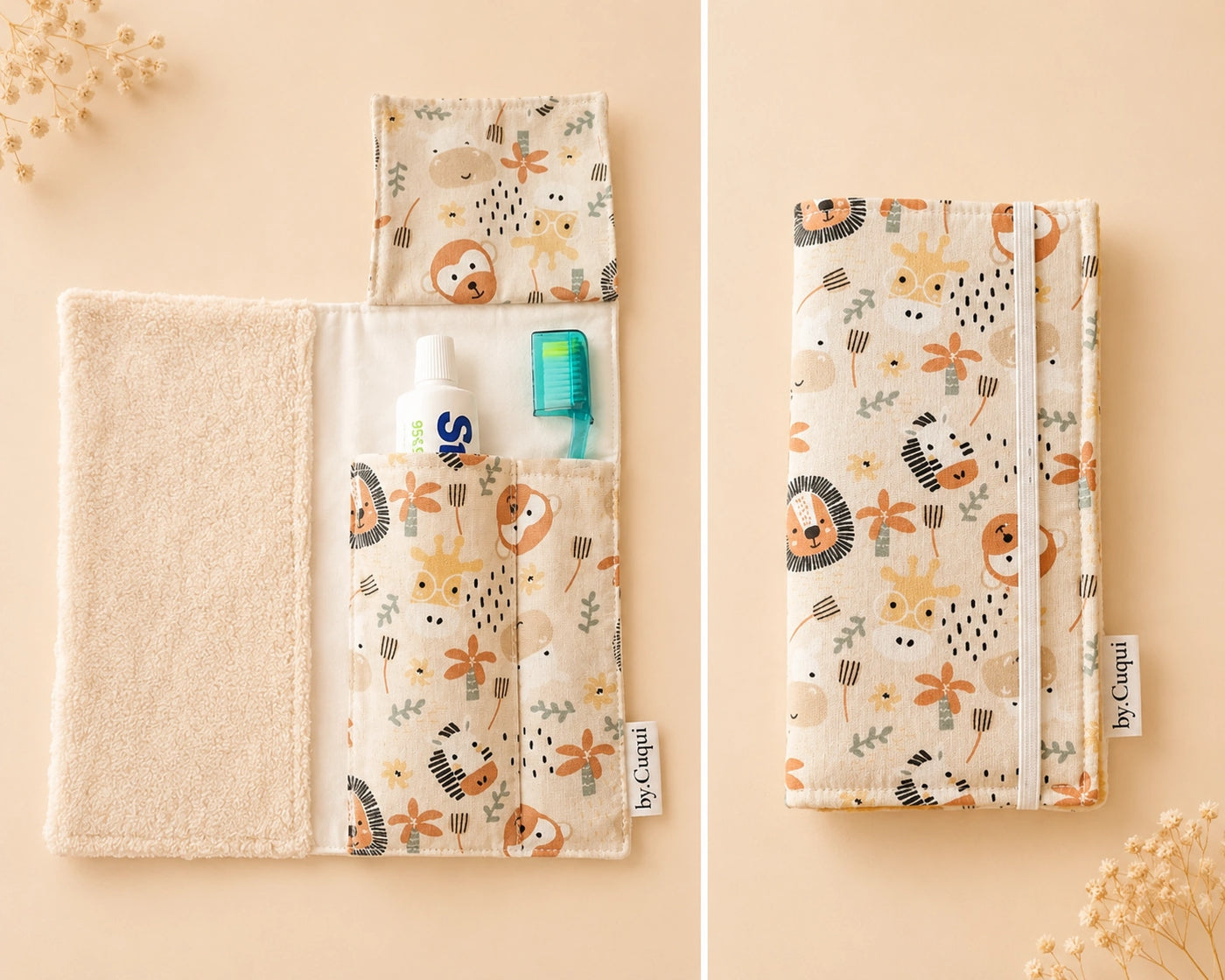 Kit dental Sabana de by.Cuqui abierto y cerrado con compartimentos para cepillo y pasta y toalla de rizo