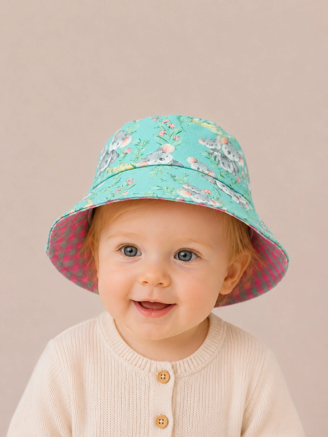 Gorrito de pescador reversible Koalas hecho a mano en algodón [Variant: Vichy rosa flúor]