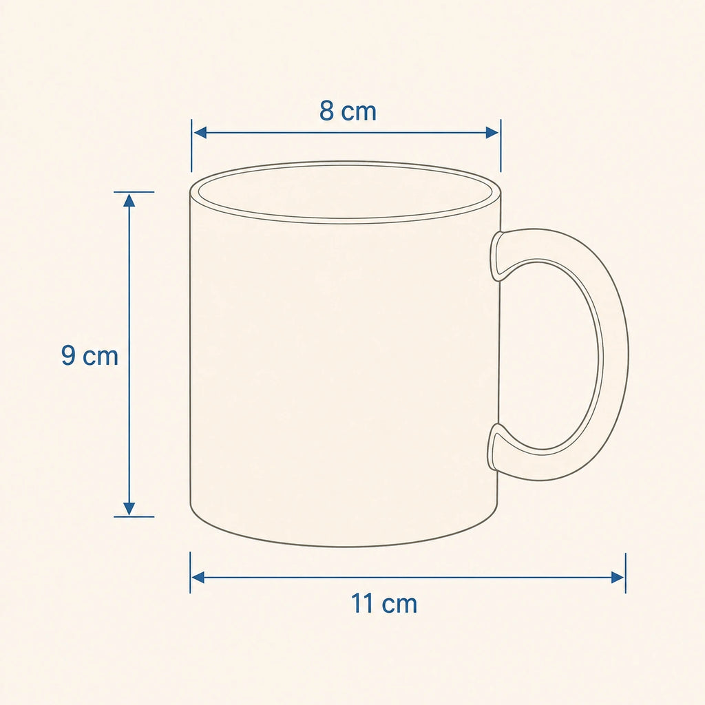 Esquema de medidas de la taza infantil: 8 cm de ancho, 9 cm de alto y 11 cm de ancho total con asa.