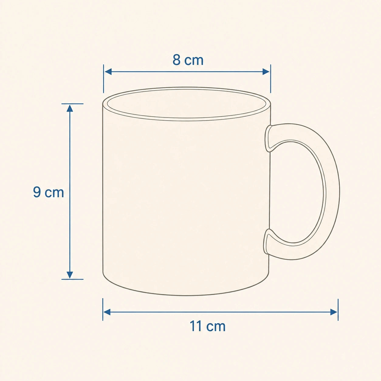 Esquema de medidas de la taza infantil: 8 cm de ancho, 9 cm de alto y 11 cm de ancho total con asa.