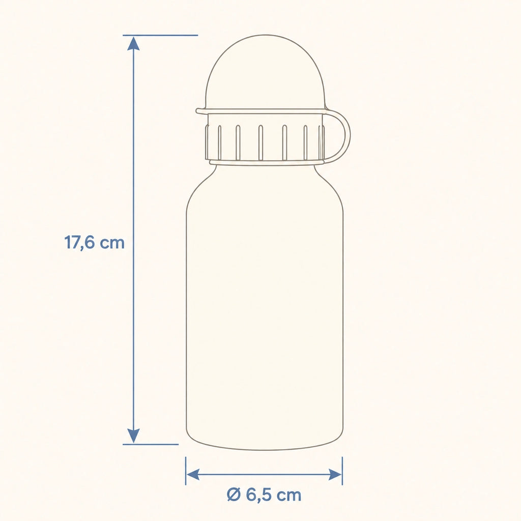 Esquema de medidas de la botella infantil de aluminio: 17,6 cm de alto y 6,5 cm de diámetro inferior.