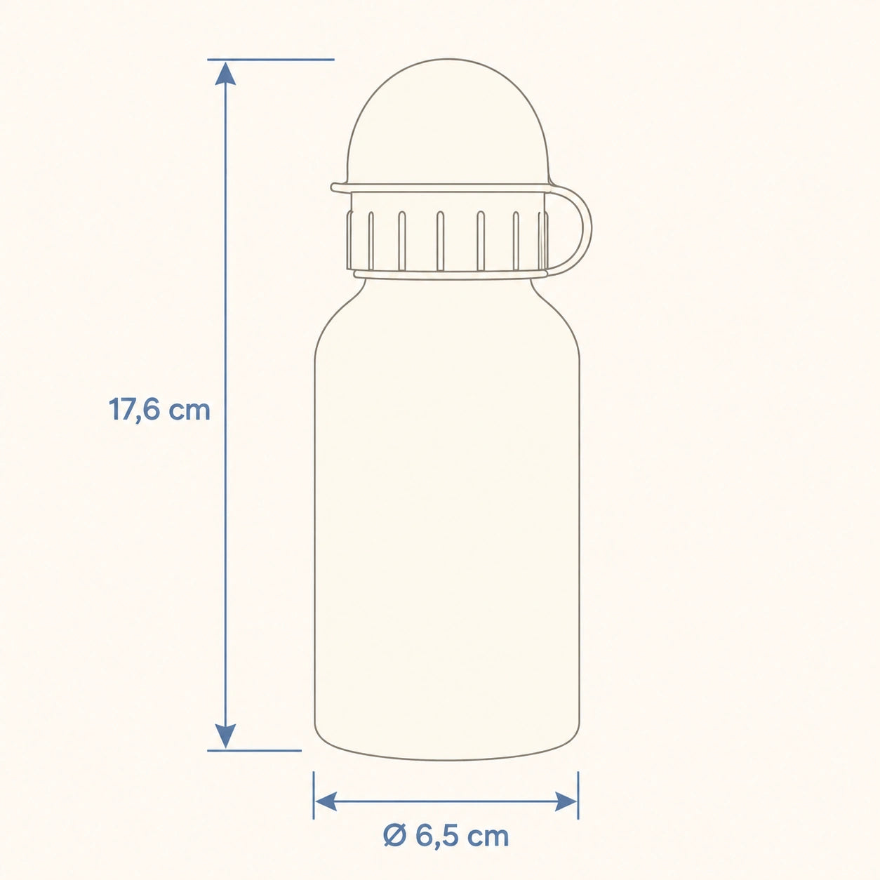 Esquema de medidas de la botella infantil de aluminio: 17,6 cm de alto y 6,5 cm de diámetro inferior.