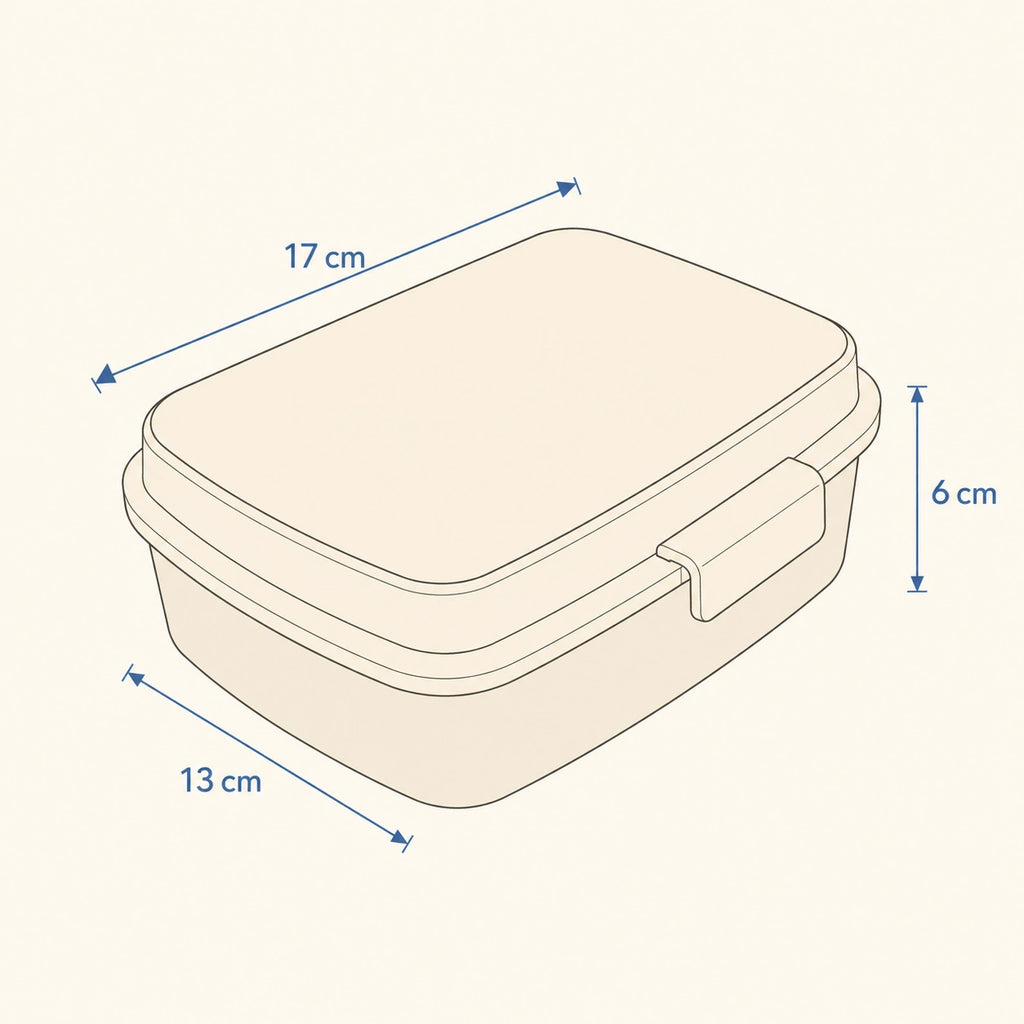 Esquema de medidas de la sandwichera infantil: 17 cm de largo, 13 cm de ancho y 6 cm de alto.