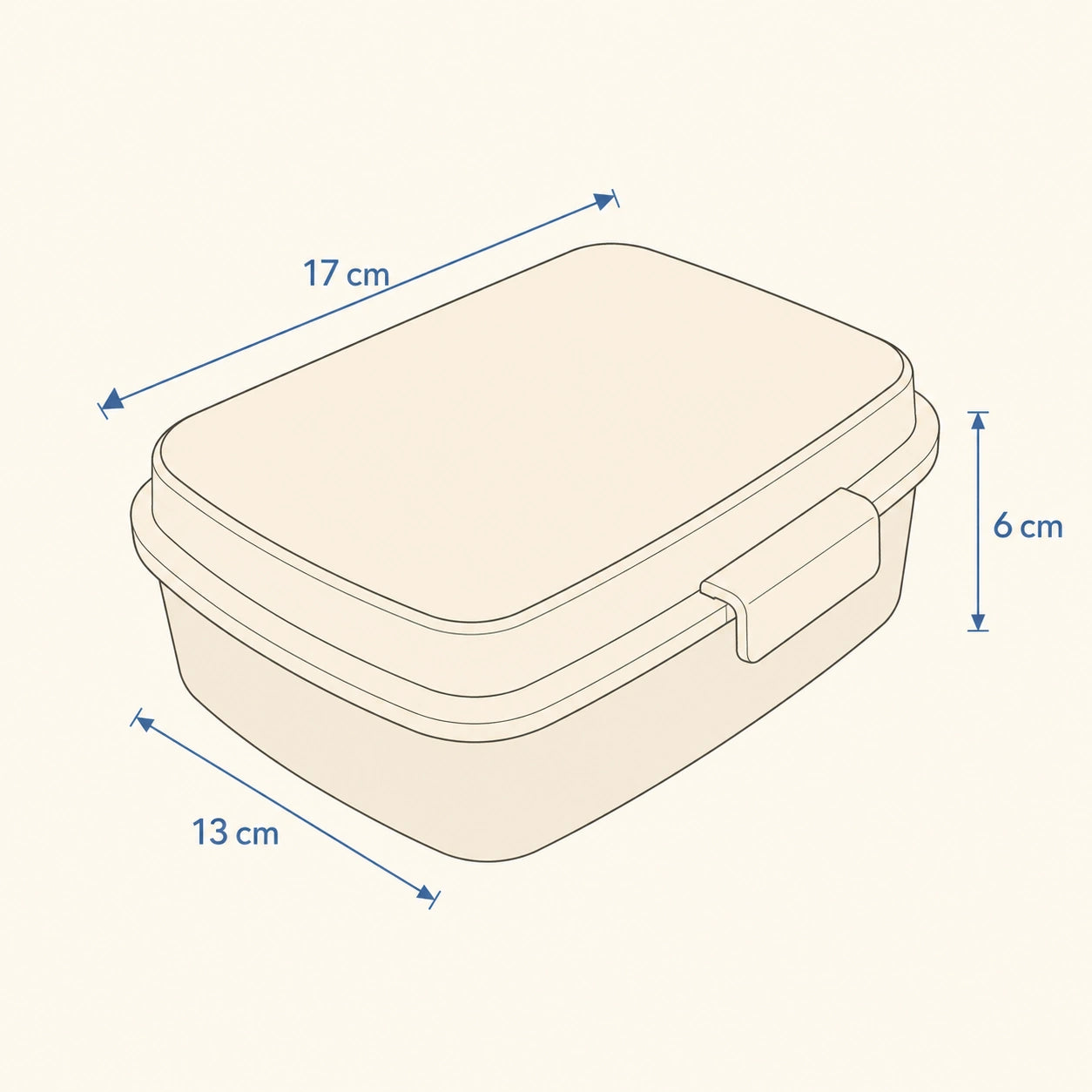 Esquema de medidas de la sandwichera infantil: 17 cm de largo, 13 cm de ancho y 6 cm de alto.