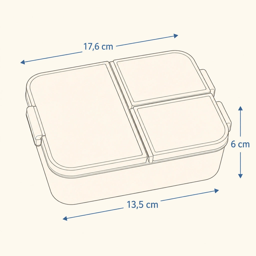 Esquema de medidas de la sandwichera infantil con compartimentos: 17,6 cm de largo, 13,5 cm de ancho y 6 cm de alto.
