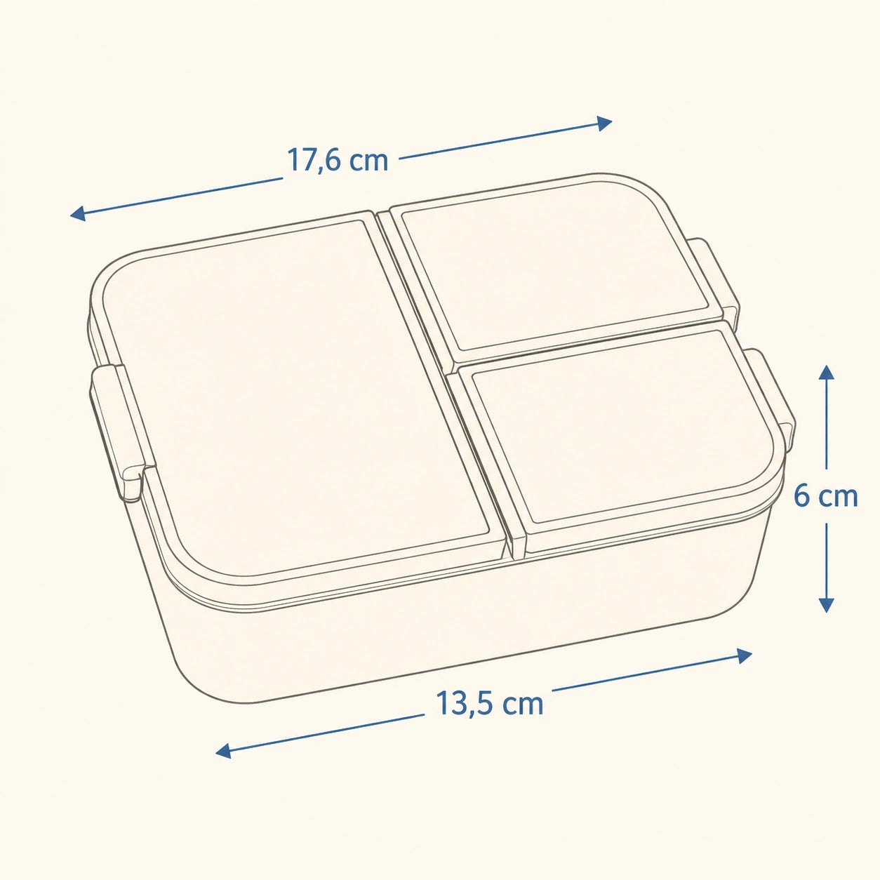 Esquema de medidas de la sandwichera infantil con compartimentos: 17,6 cm de largo, 13,5 cm de ancho y 6 cm de alto.