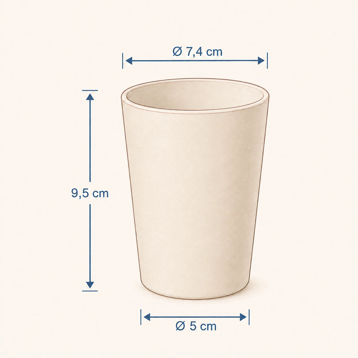 Esquema de medidas del vaso infantil: 9,5 cm de alto, 7,4 cm de diámetro superior y 5 cm de diámetro inferior.