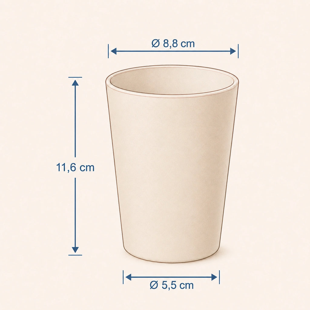 Esquema de medidas del vaso infantil grande: 11,6 cm de alto, 8,8 cm de diámetro superior y 5,5 cm de diámetro inferior.