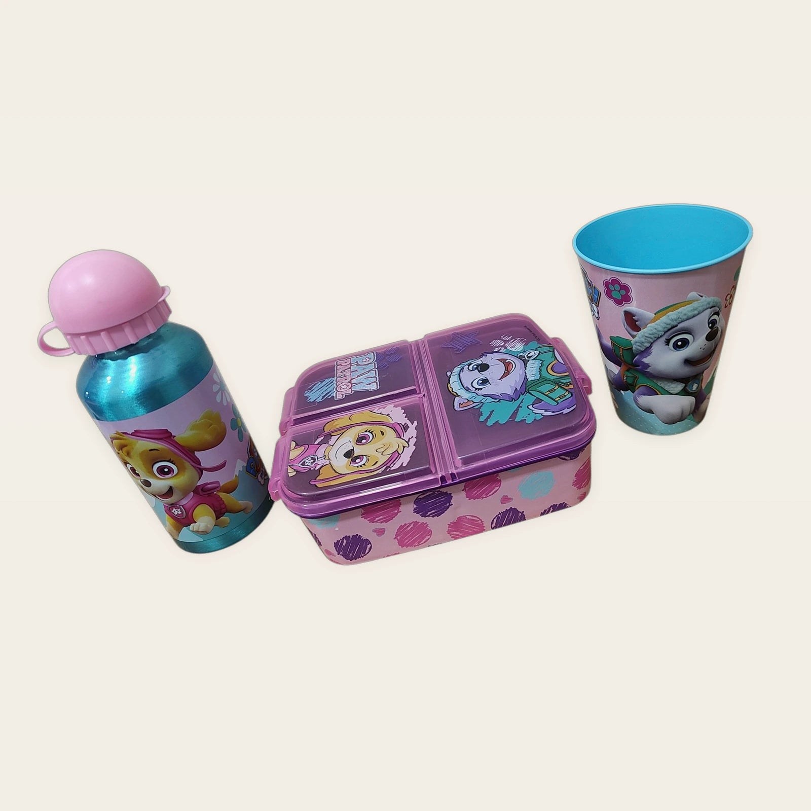 Pack Vuelta al Cole Patrulla Canina Skye y Everest con vaso grande, sandwichera con compartimentos y botella de aluminio.