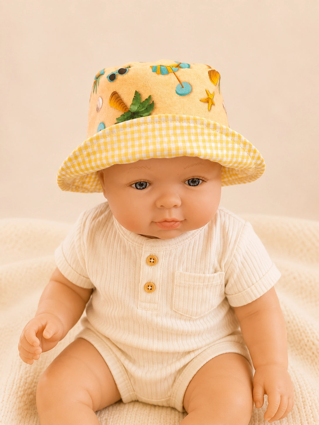 Gorrito pescador reversible Playa Amarillo para bebé hecho a mano en algodón [Variant: Vichy amarillo]