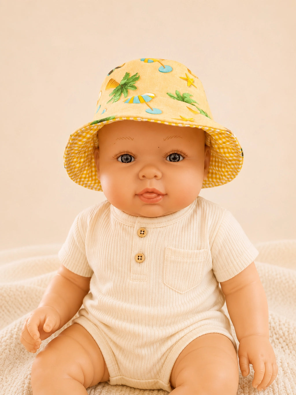 Gorrito pescador reversible Playa Amarillo para bebé hecho a mano en algodón [Variant: Vichy amarillo]