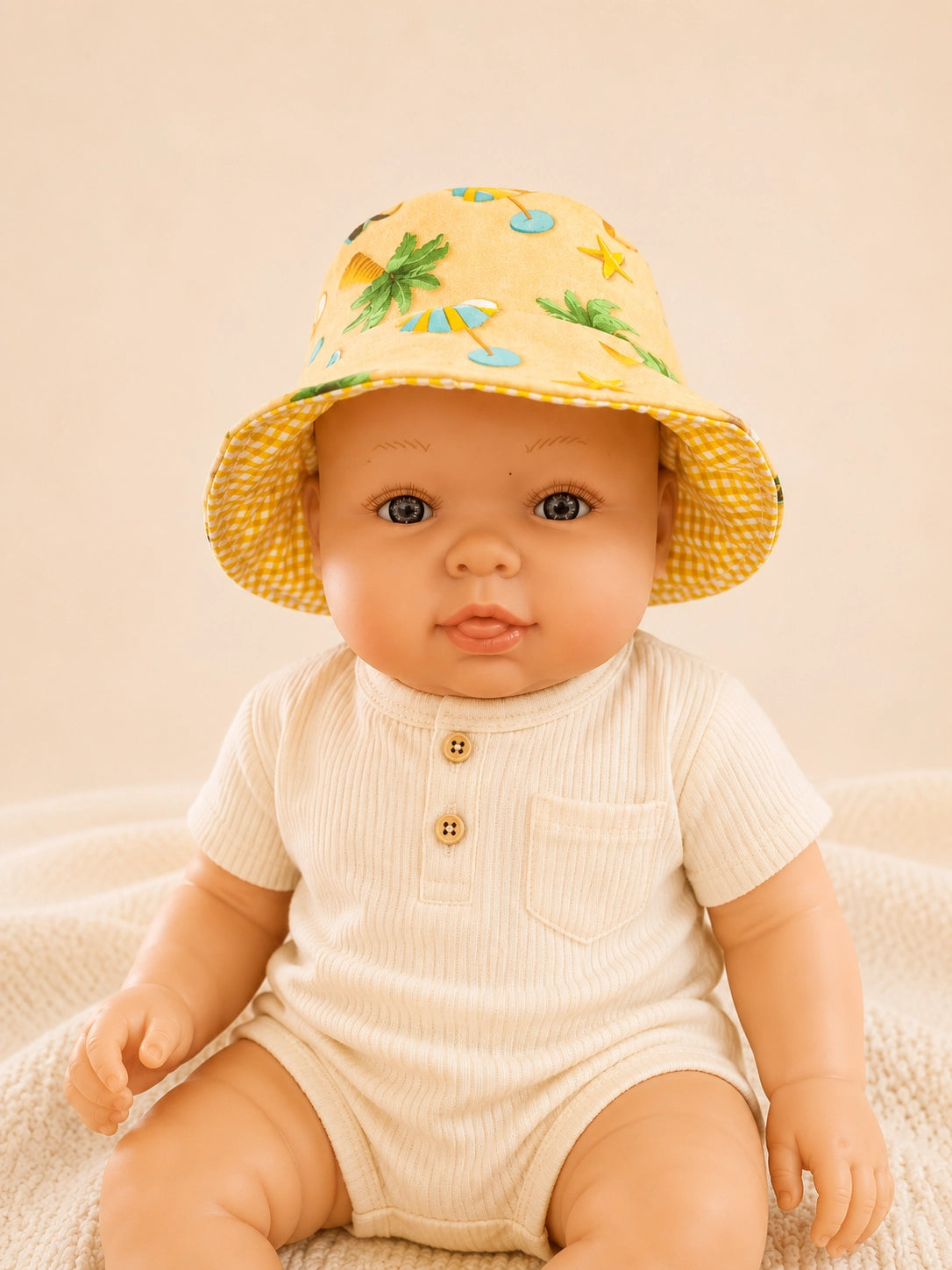 Gorrito pescador reversible Playa Amarillo para bebé hecho a mano en algodón [Variant: Vichy amarillo]