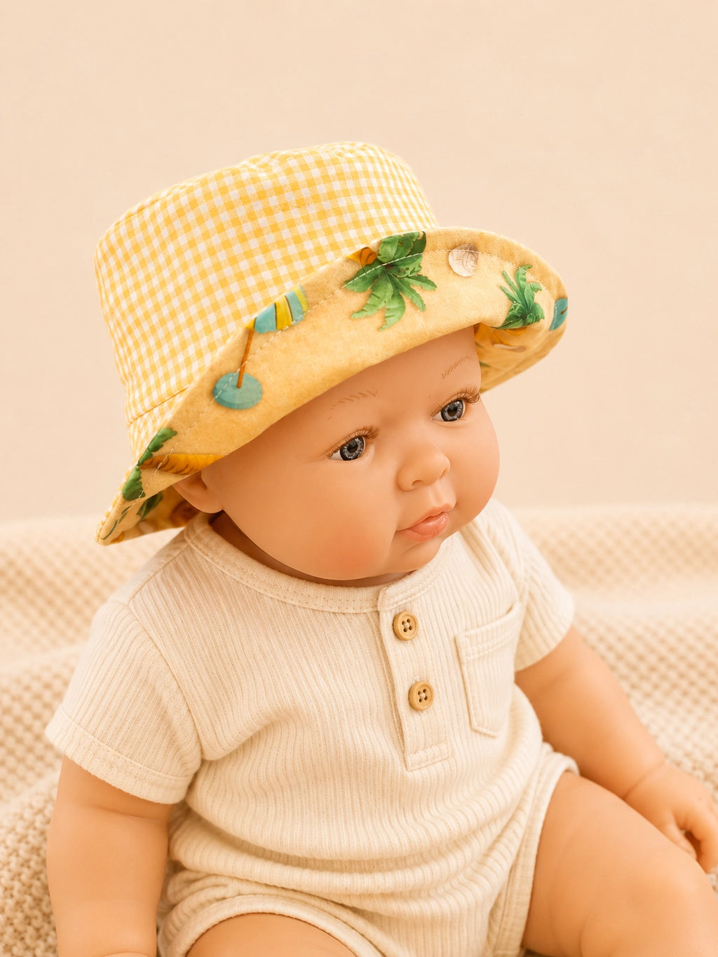 Gorrito pescador reversible Playa Amarillo para bebé hecho a mano en algodón [Variant: Vichy amarillo]