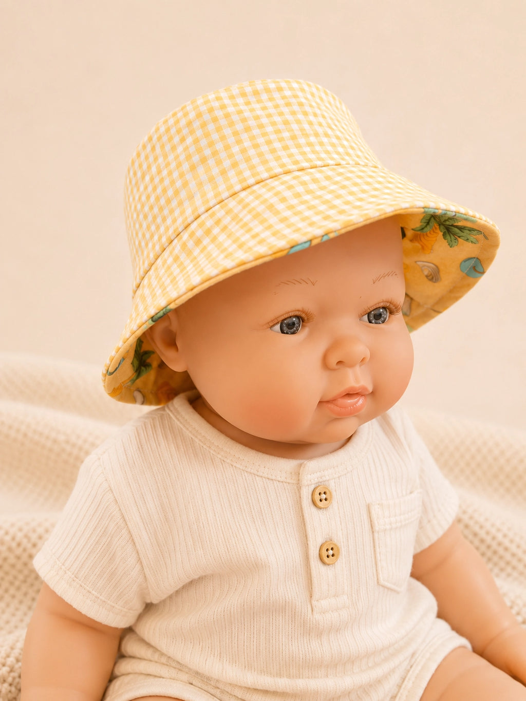 Gorrito pescador reversible Playa Amarillo para bebé hecho a mano en algodón [Variant: Vichy amarillo]