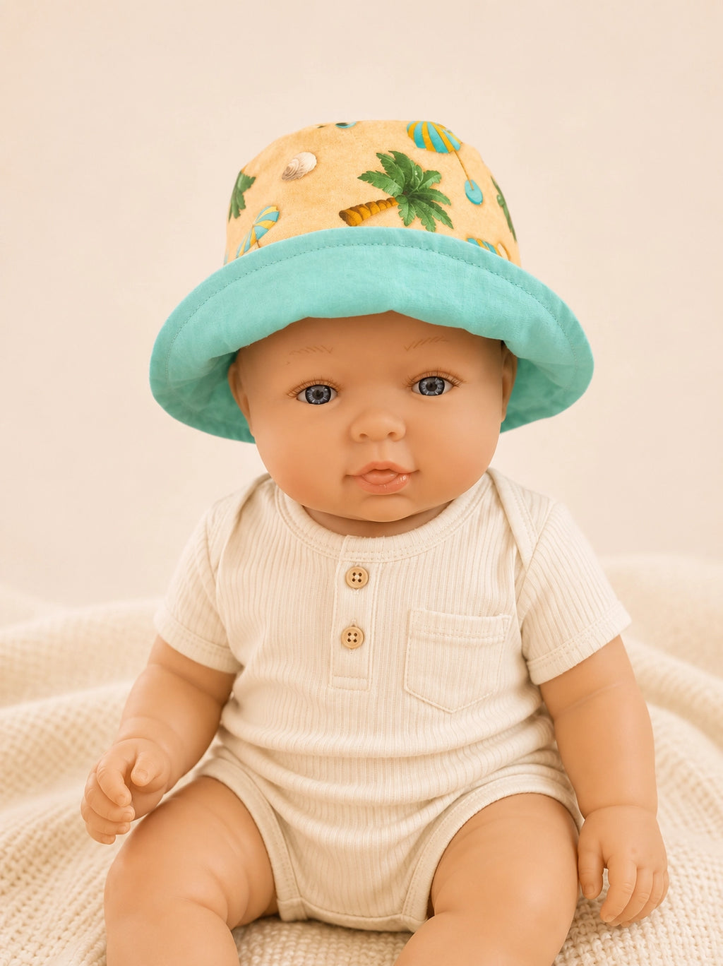 Gorrito pescador reversible Playa Amarillo para bebé hecho a mano en algodón [Variant: Turquesa]