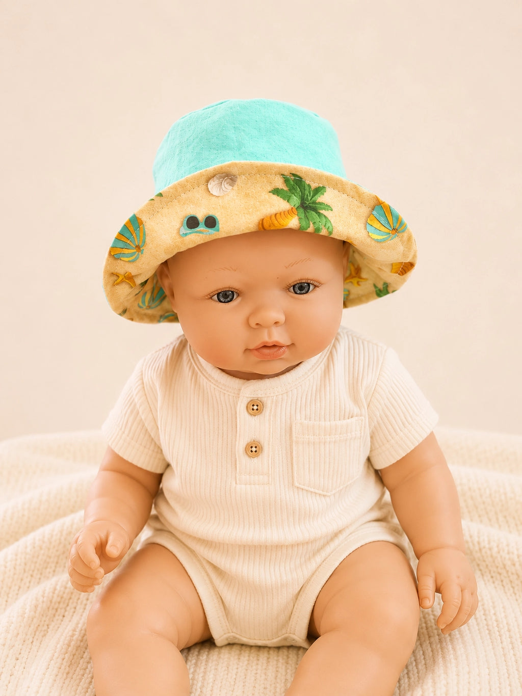 Gorrito pescador reversible Playa Amarillo para bebé hecho a mano en algodón [Variant: Turquesa]