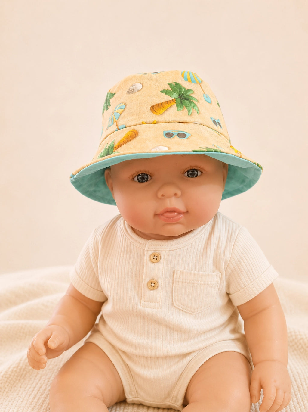 Gorrito pescador reversible Playa Amarillo para bebé hecho a mano en algodón [Variant: Turquesa]