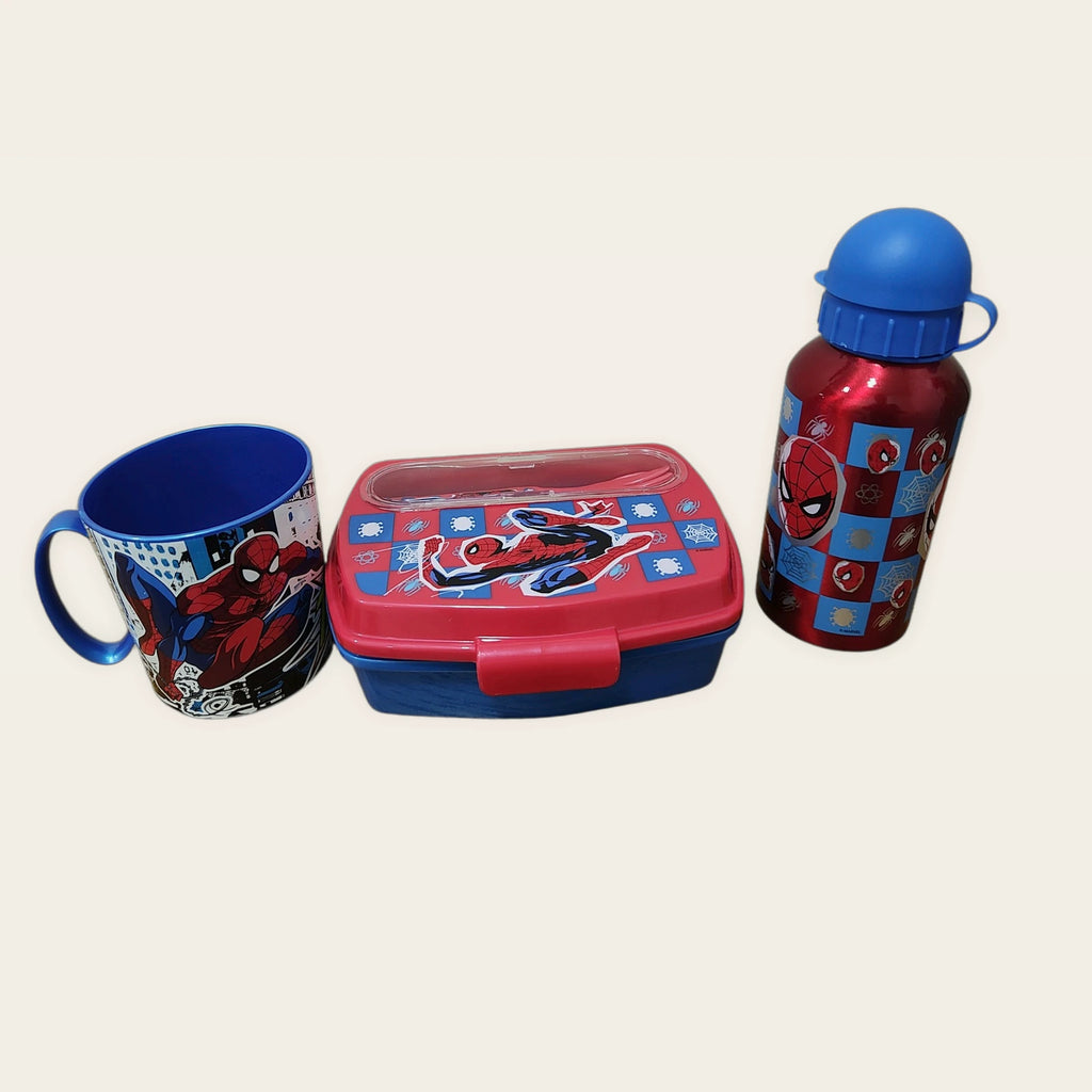 Pack Vuelta al Cole Spider-Man con taza, sandwichera con cubiertos y botella de aluminio.