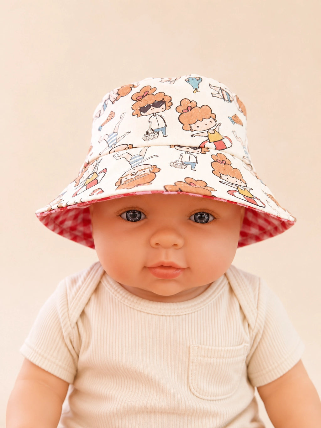Gorrito pescador infantil con estampado Piscina confeccionado en algodón [Variant: Vichy rojo]