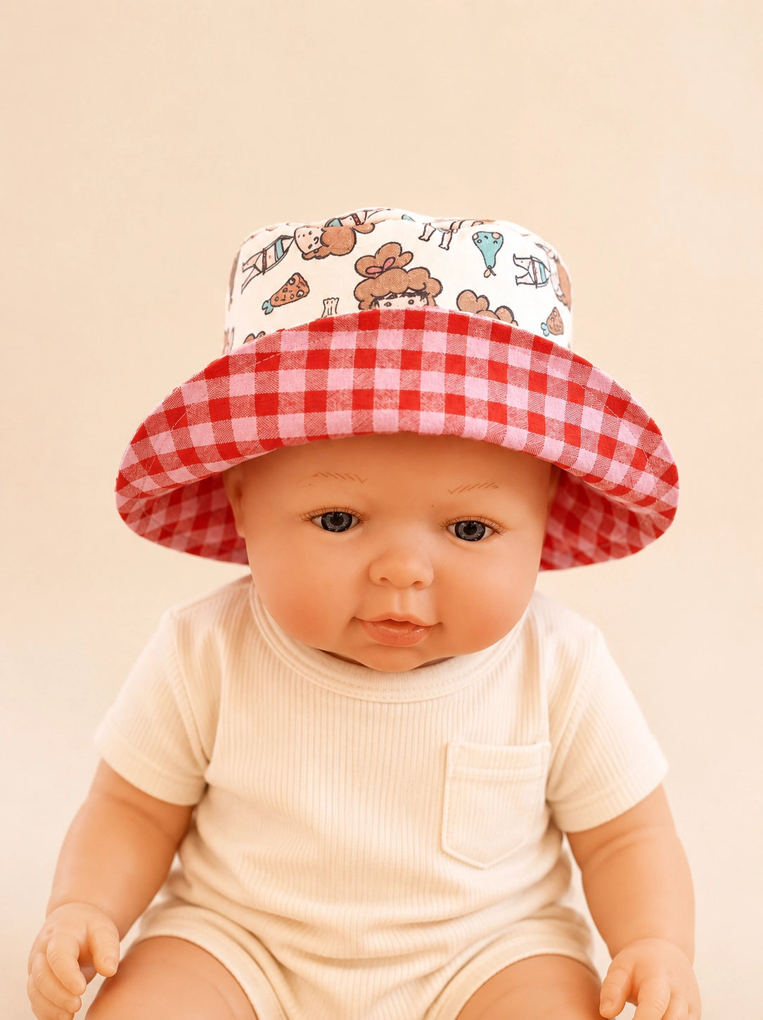 Gorrito de pescador reversible Piscina hecho a mano en algodón para bebé [Variant: Vichy rojo]