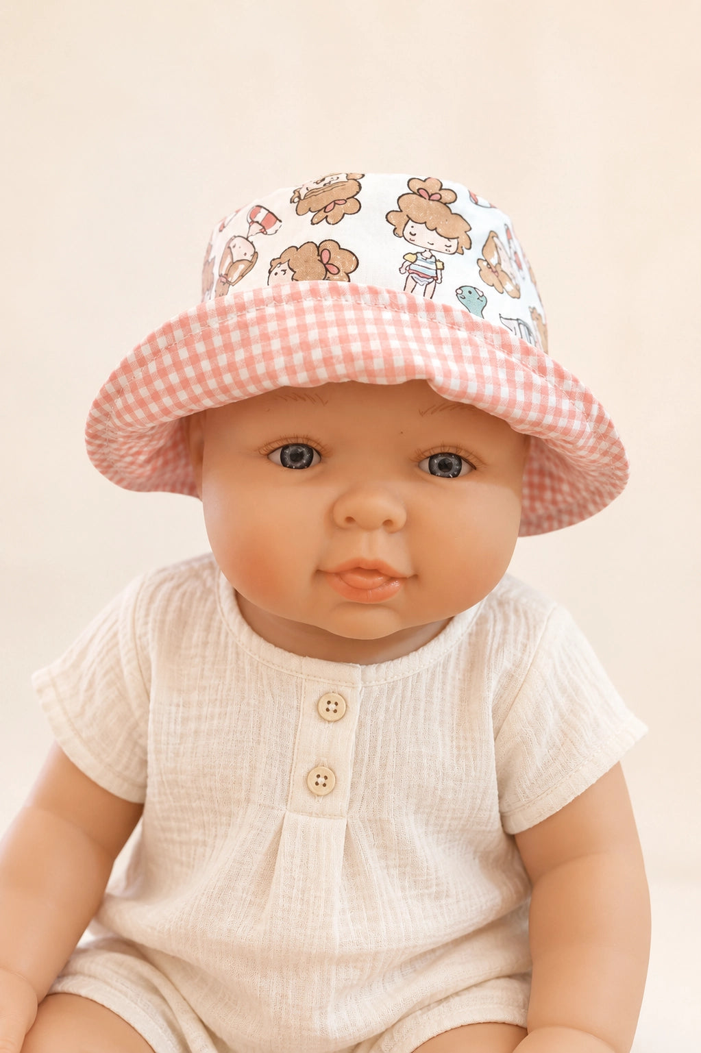 Gorrito de pescador reversible Piscina hecho a mano en algodón para bebé [Variant: Vichy rosa 2.7mm]