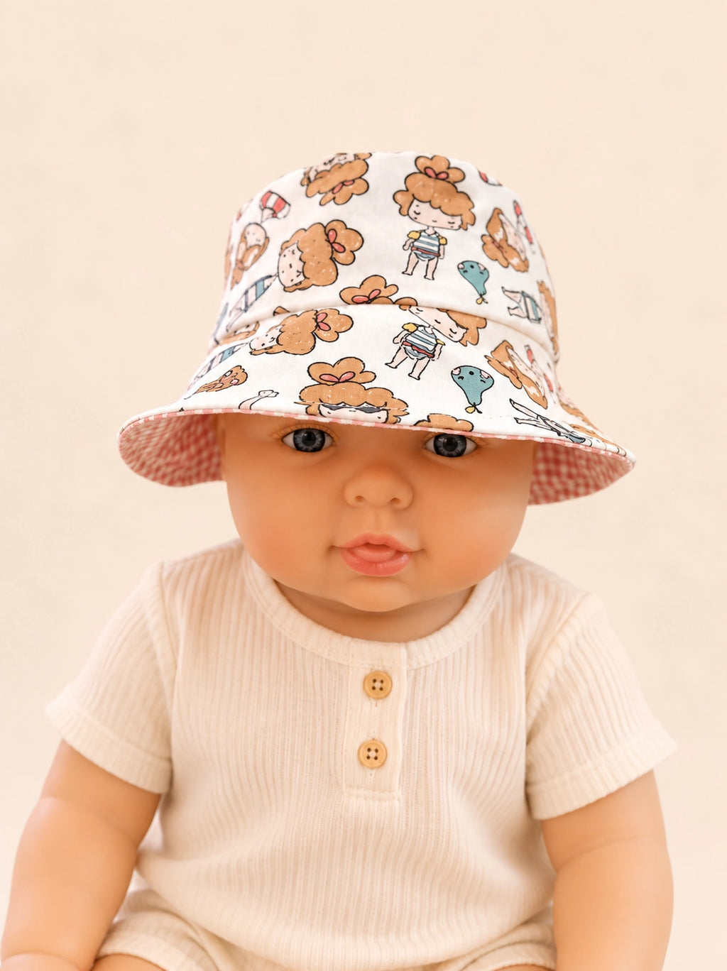 Gorrito pescador infantil con estampado Piscina confeccionado en algodón [Variant: Vichy rosa 2.7mm]