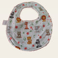 Babero impermeable 0–6 meses Animalitos de la sabana con rizo de algodón blanco roto, vista frontal