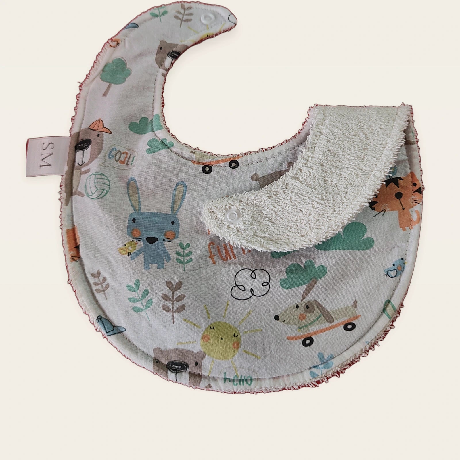 Babero impermeable 0–6 meses Animalitos divertidos con snap blanco y una pata doblada para mostrar el rizo de bambú beige [Variant: Blanco]