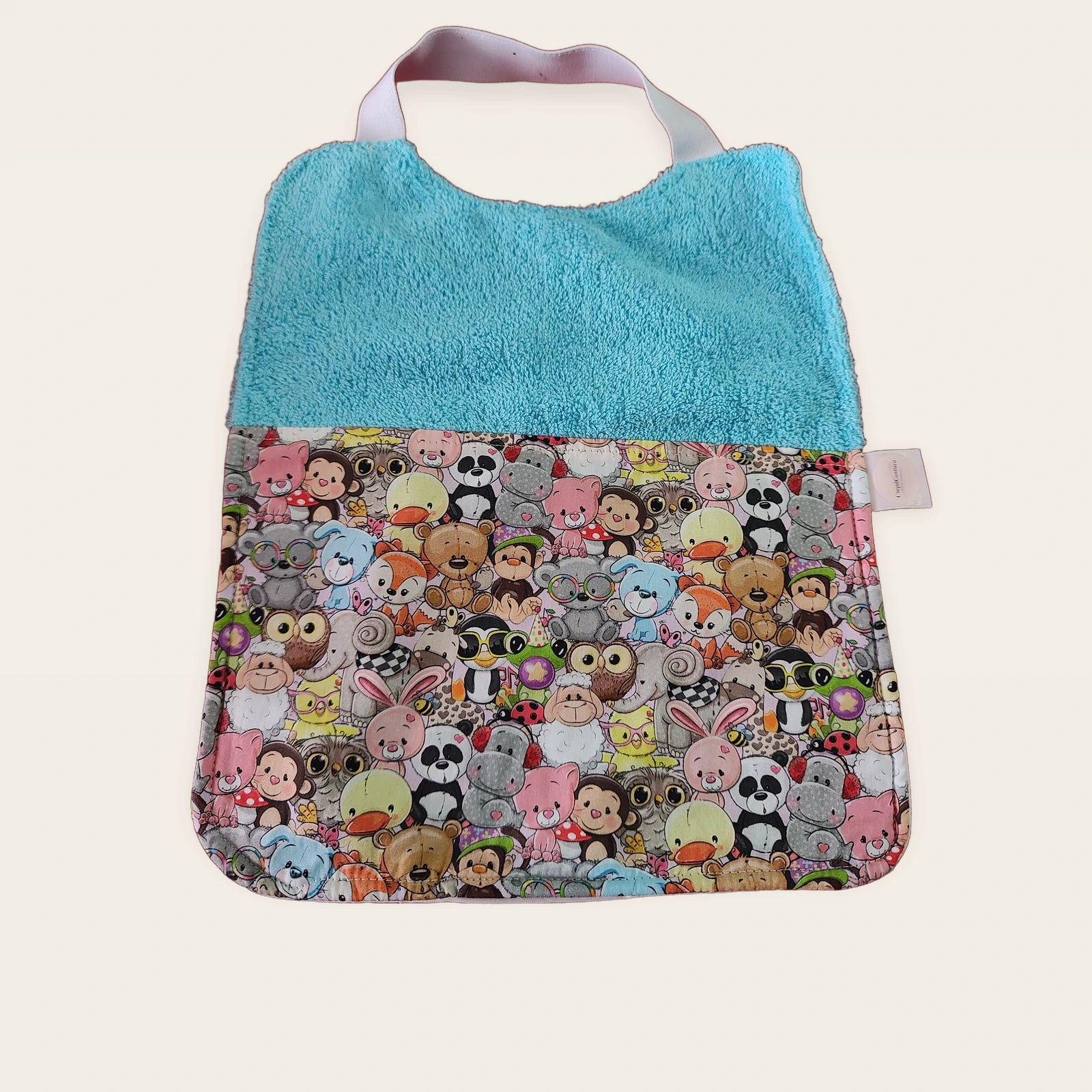 Babero infantil Animales de peluche con rizo de algodón azul y cuello elástico