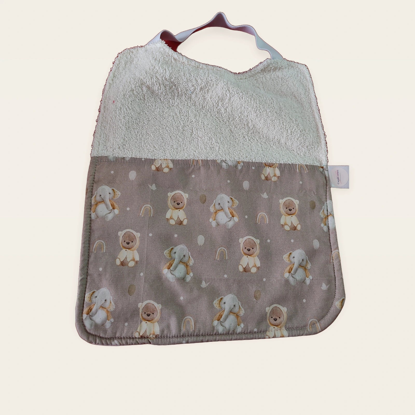 Babero infantil Animalitos del Ártico con rizo de algodón beige y cuello elástico