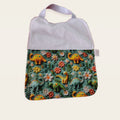 Babero infantil Dinosaurios y flores verde 3D con rizo de bambú blanco y cuello elástico