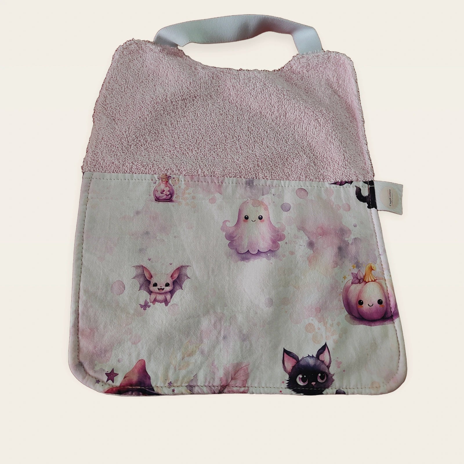 Babero infantil Halloween pastel con rizo de algodón rosa y cuello elástico