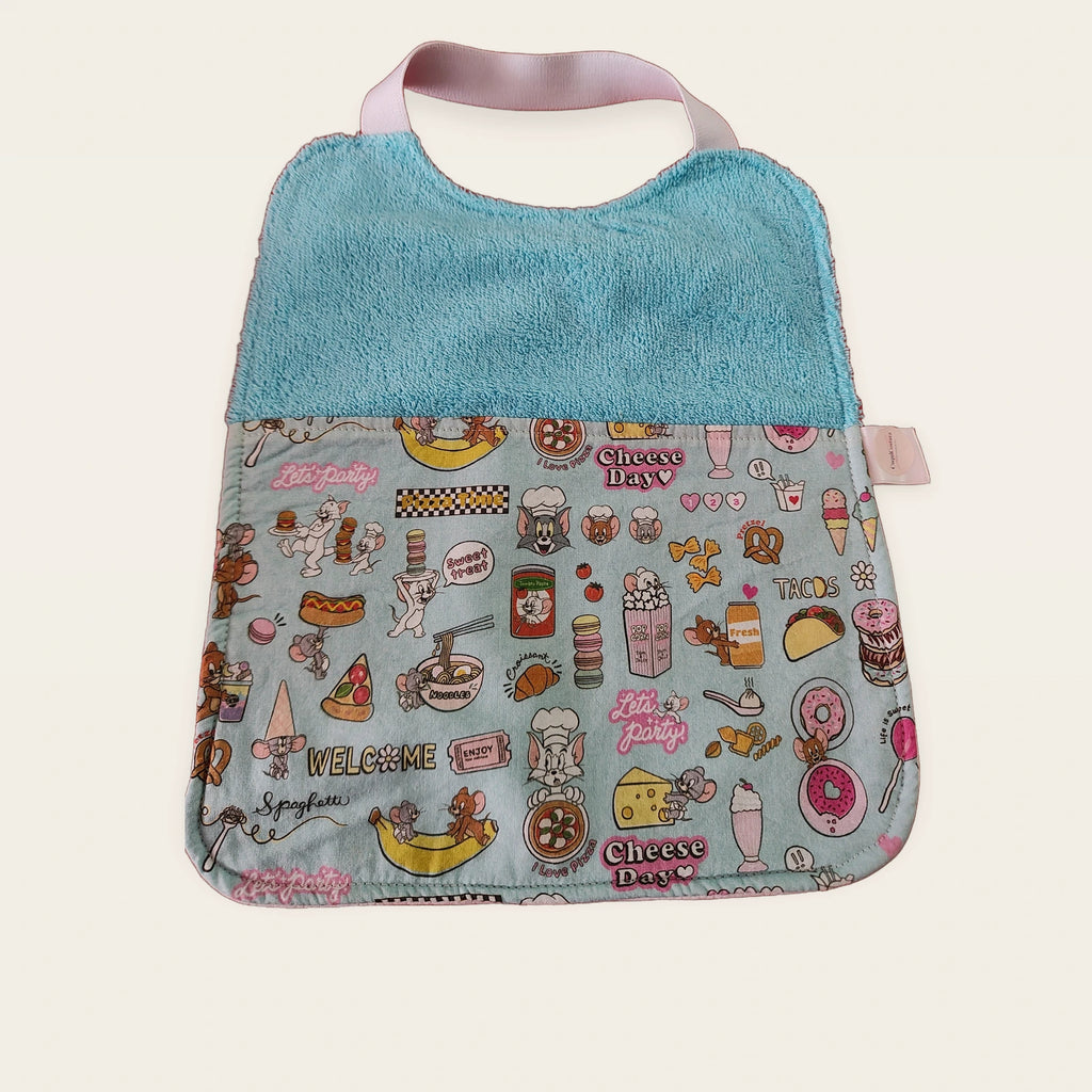 Babero infantil Tom y Jerry con rizo de algodón azul y cuello elástico