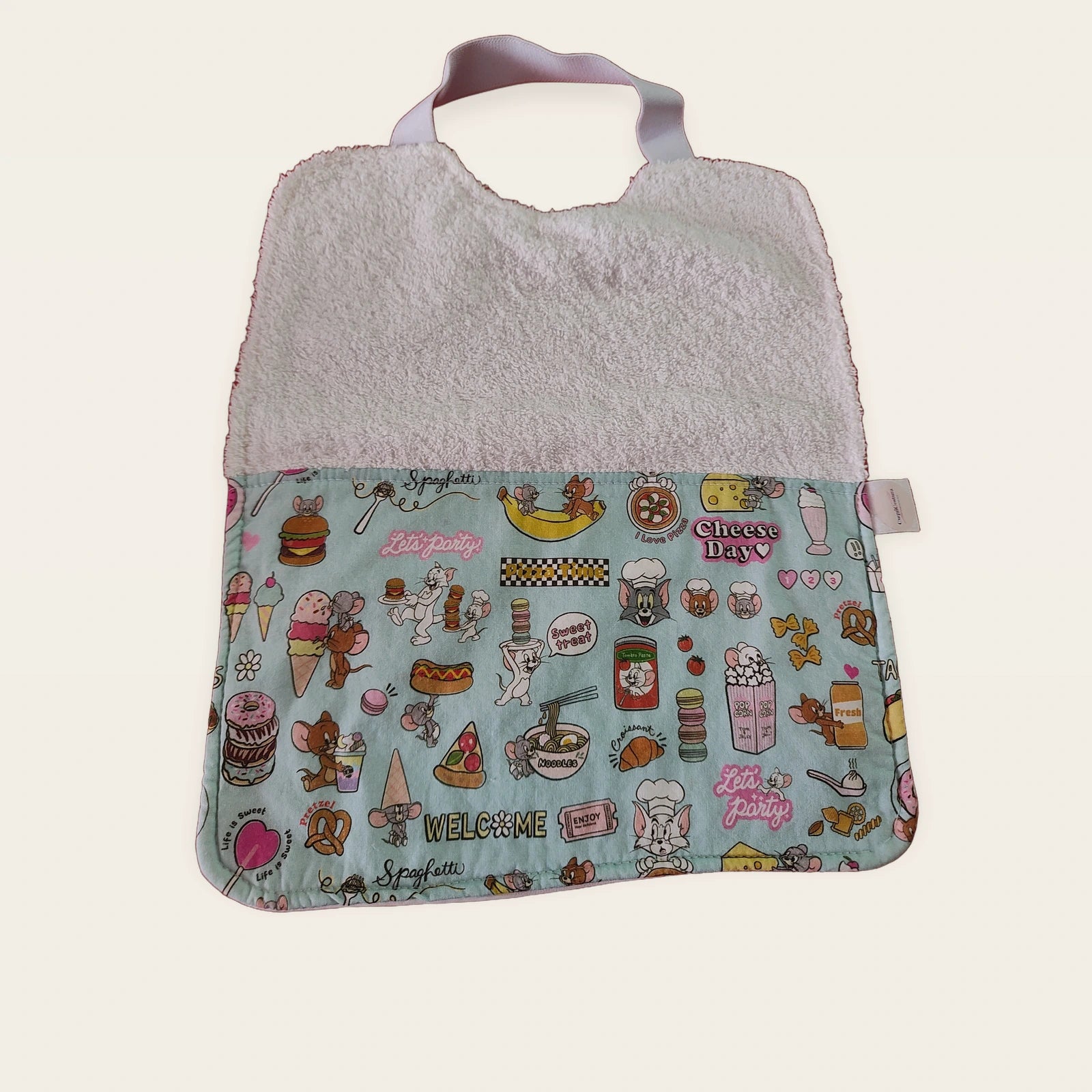 Babero infantil Tom y Jerry con rizo de algodón blanco y cuello elástico